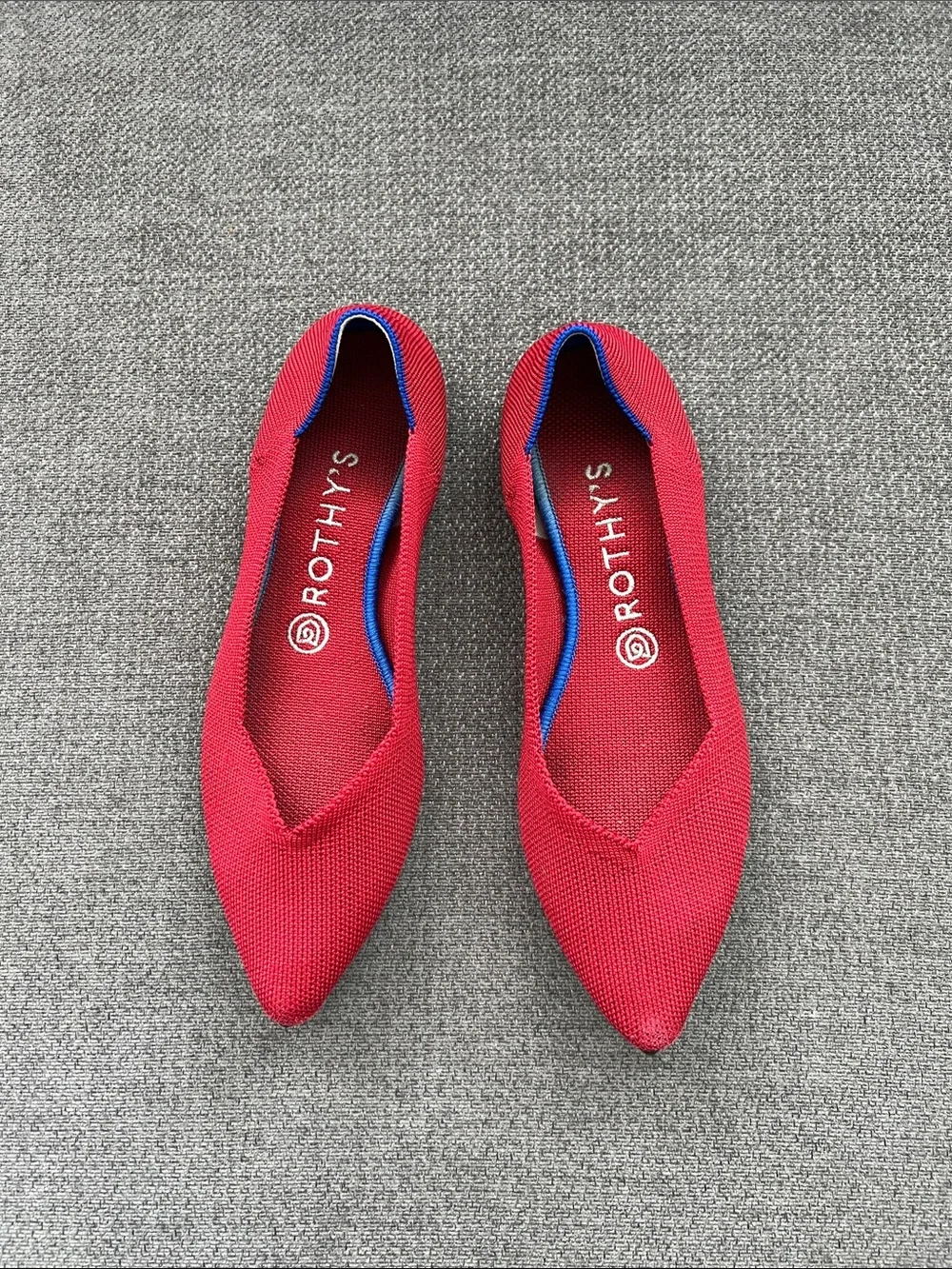 Rothy's Red Pointed Knit Flats with Blue Trim
